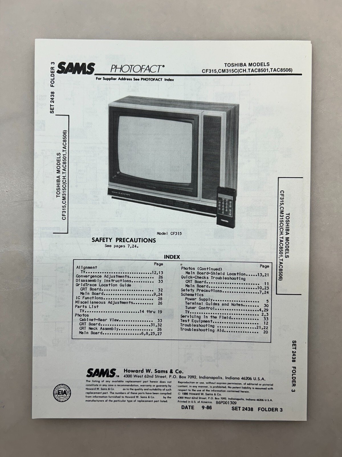 Toshiba CF315 CM315C Service Manual Sams Photofact Free Shipping