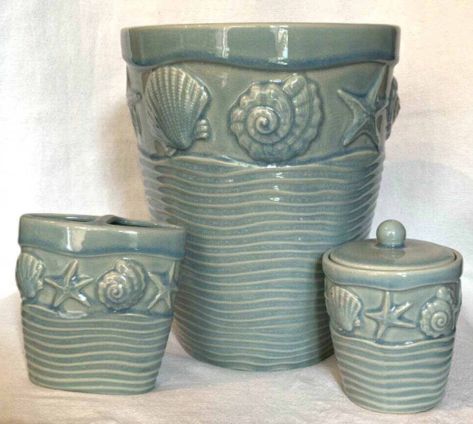 BATHROOM ACCESSORIES TOOTHBRUSH HOLDER LIDDED CONTAINER TRASH CAN BLUE SHELL NWT