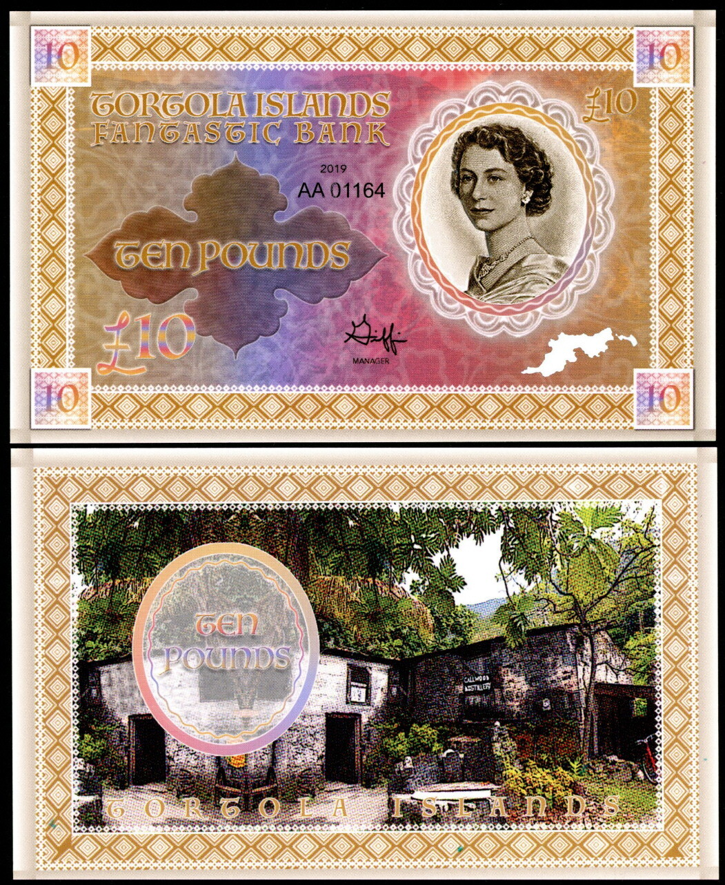 TORTOLA ISLANDS FANTASTIC BANK 10 POUNDS POLYMER PRIVATE ISSUE ART NOTE; QEII!
