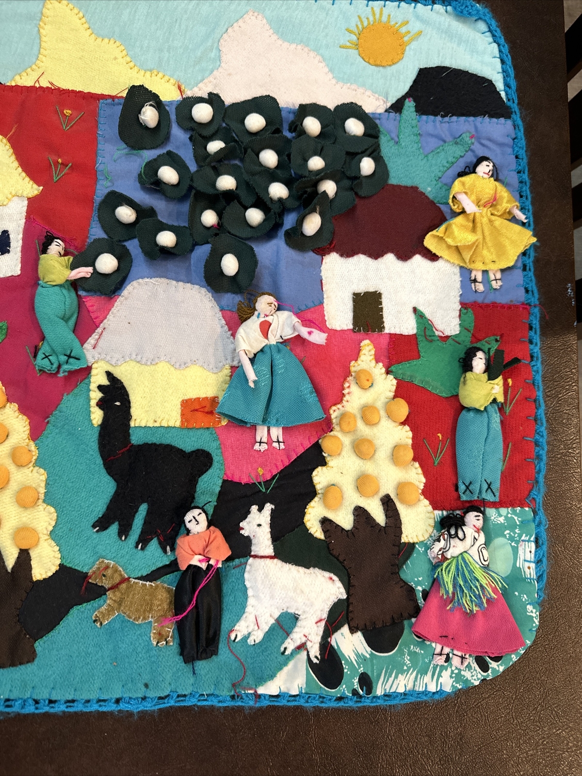 Vintage Peruvian Patchwork 19x37” 3-D Wall Hanging Tapestry Animals + People--