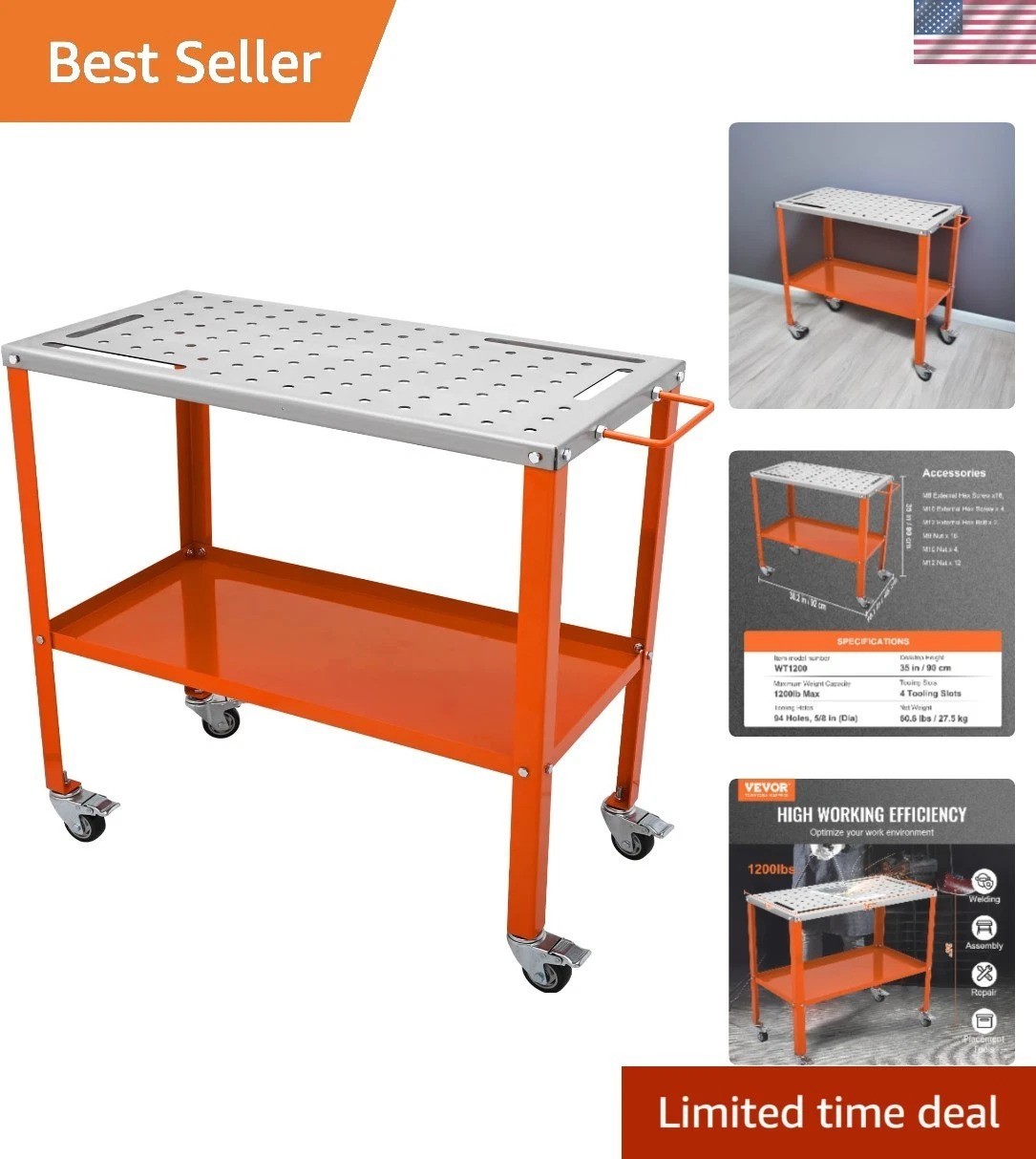 Professional-Grade 36" x 18" Steel Welding Table with Easy-Move Lockable Casters