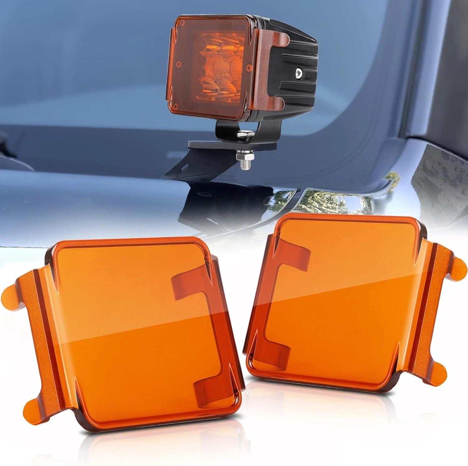 2PCS Pod Light Covers Amber 3 Inch LED Light Bar Cover Amber LED Pods 3X3 Square
