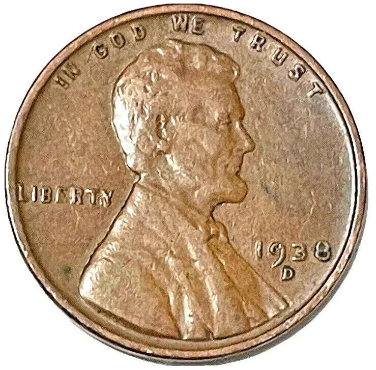 1938 D Lincoln Cent Good - Very Good  (G-VG) Circulated Condition Copper Penny