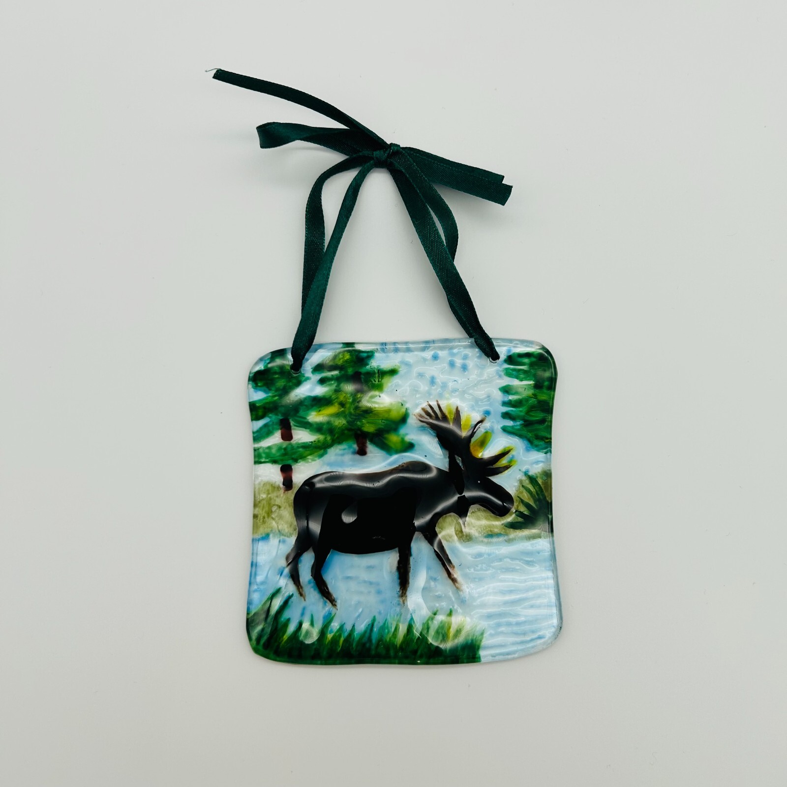 Moose Hanging Suncatcher Ornament with Ribbon Hand Painted Embossed Glass 4"