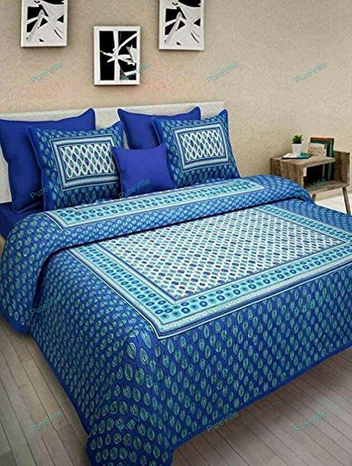 Sanganeri Geometric Printed Cotton Double Bed Sheet With 2 Pillow Cover 90x108