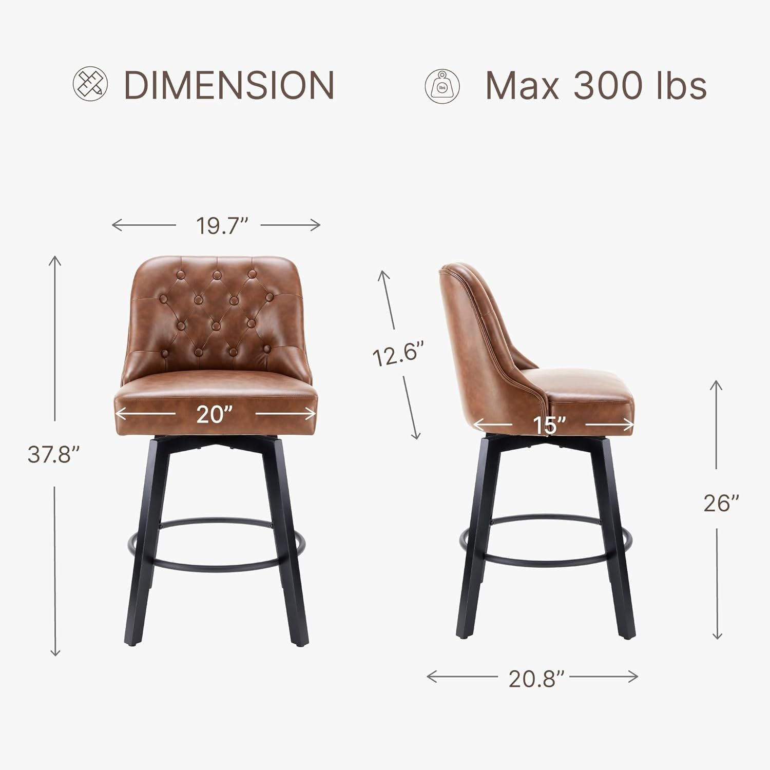 Set of 2 Brown Leather Counter Height Swivel Barstools with Back, 26" Seat