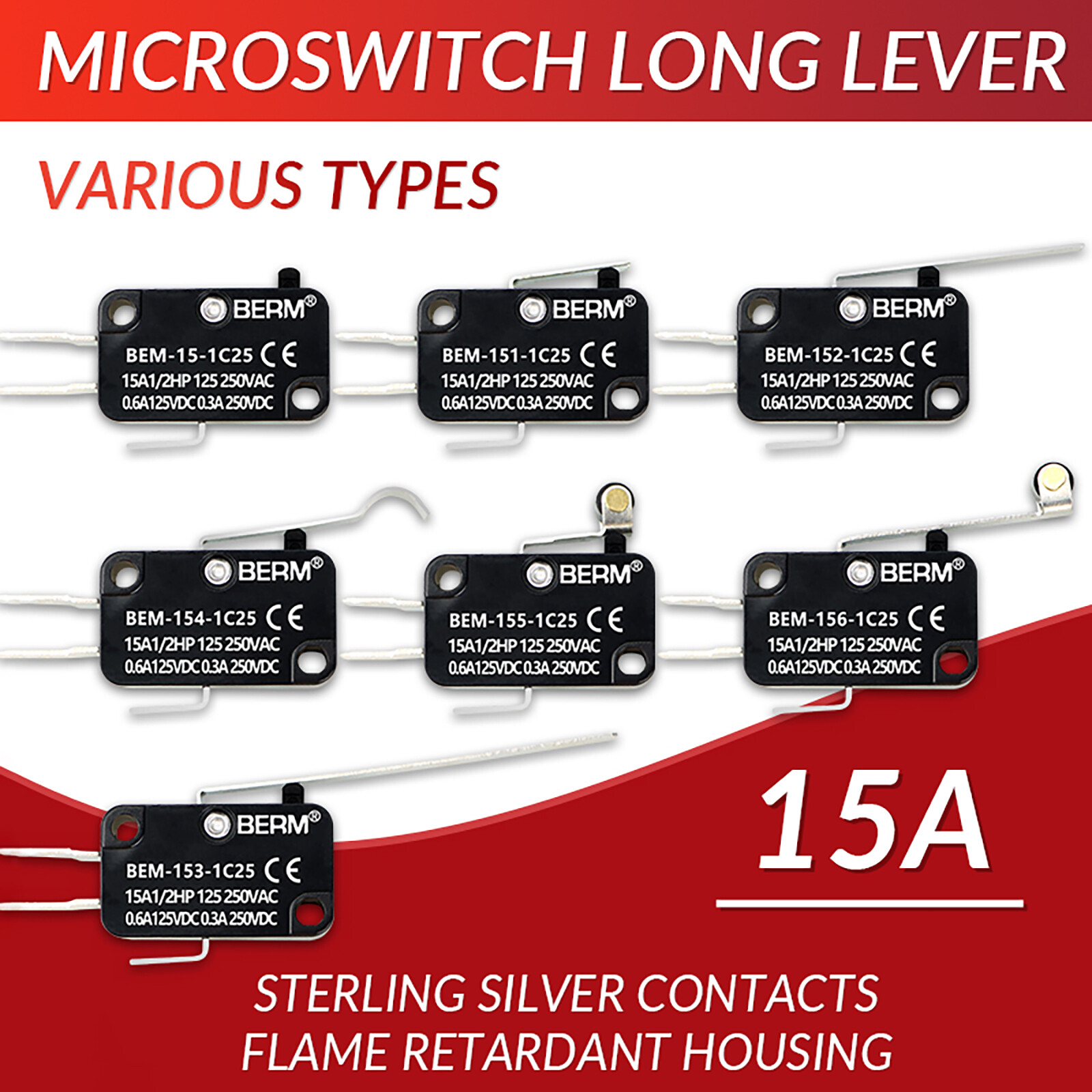 Microswitch Long Lever 15A (SPDT Micro Switch) V-15 to 156-1C25, 250V