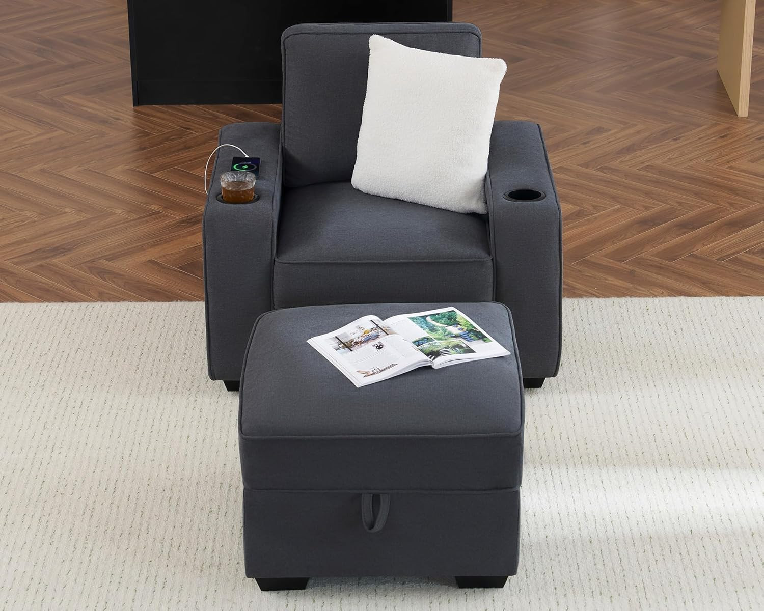 Modern Charcoal Grey Sofa Chair with Storage Ottoman, Cup Holders & USB Ports