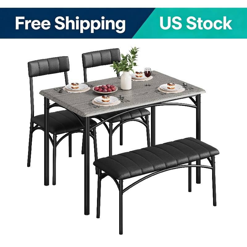 Upholstered Chairs & Bench Dining Set 4-Person Rectangular Kitchen Table Home