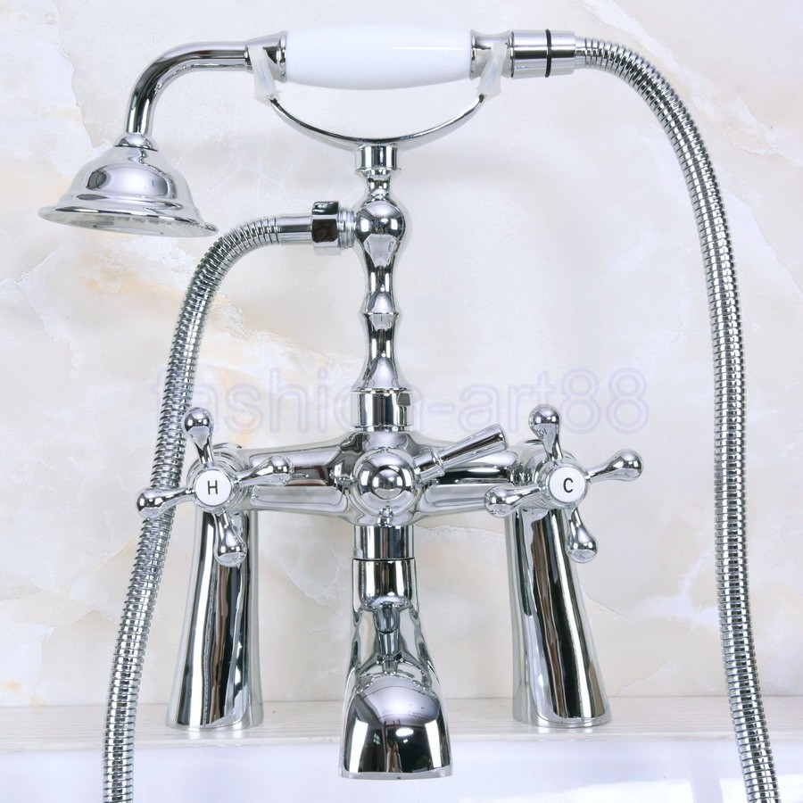 Chrome Claw-foot Bathtub Faucet Deck Mounted Tub Filler Handheld Shower fna127