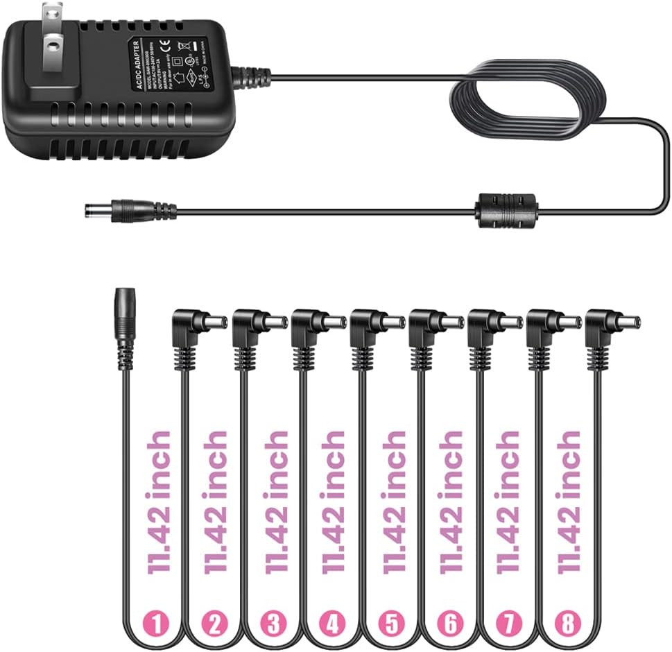 Guitar Pedal Power Supply Adapter 9V DC 2A with 8 Way Daisy Chain Cable 2000Ma