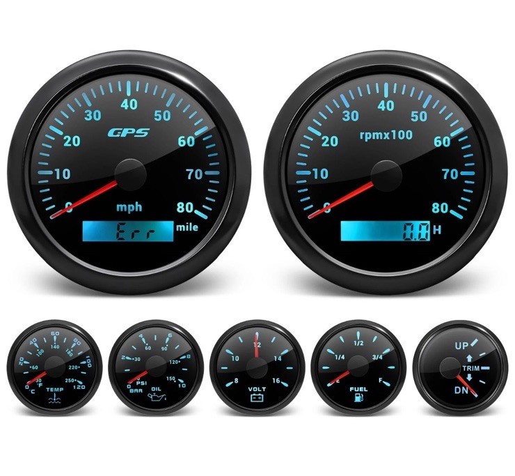 7 Gauge Set 3-3/8" 85mm GPS Speedometer, Tachometer, 2-1/16" Fuel Level, Wate...