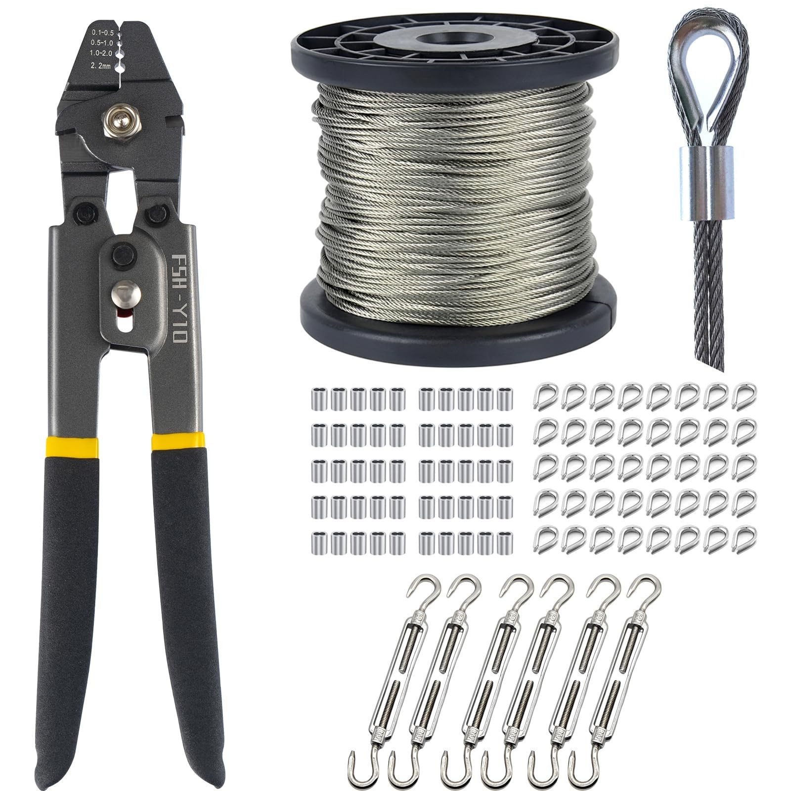 1/16" Wire Rope Crimping Tool Kit, M6 Turnbuckle Set, 328ft Stainless Steel W...