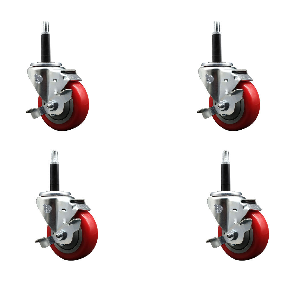 3.5 Inch Red Poly Swivel 3/4 Inch Expanding Stem Caster Set with Brake SCC