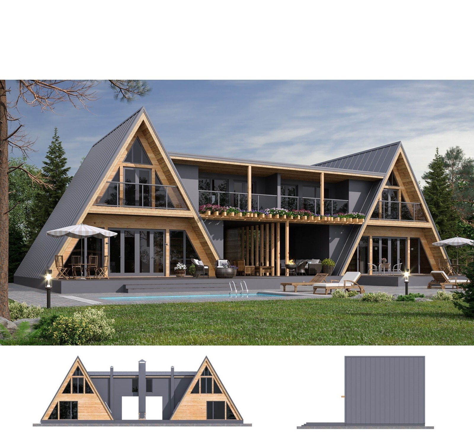 86’x49’ 4 Beds, 4 Baths Double A-Frame House Architecture Plans PDF Download.