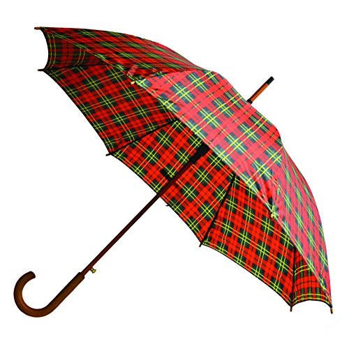 Classic Auto Open Umbrella with Real Wooden Hook Handle Red/Green Plaid