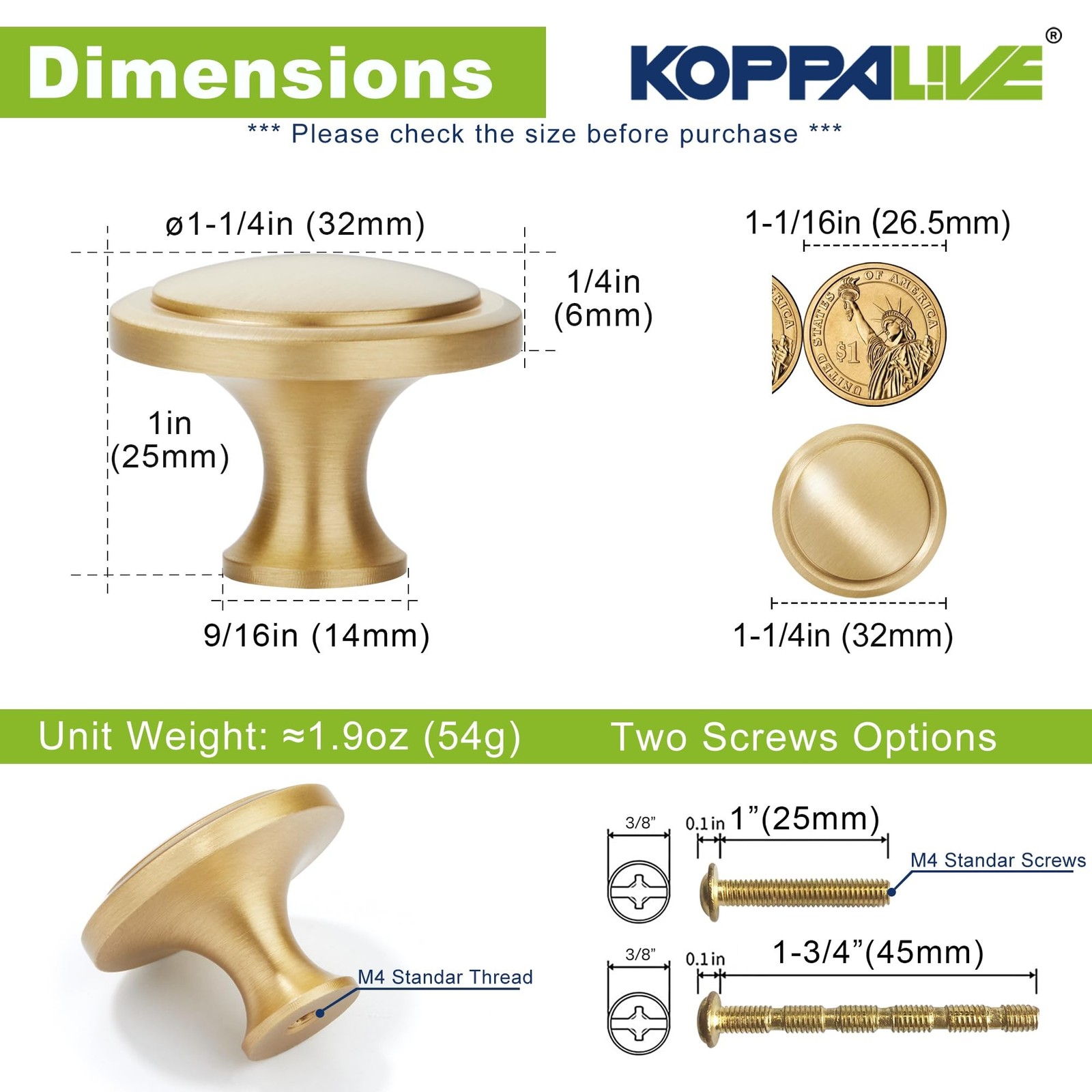 5-Pack Solid Brass Cabinet Knobs, Round Gold Knobs for Dresser Drawers, Brush...