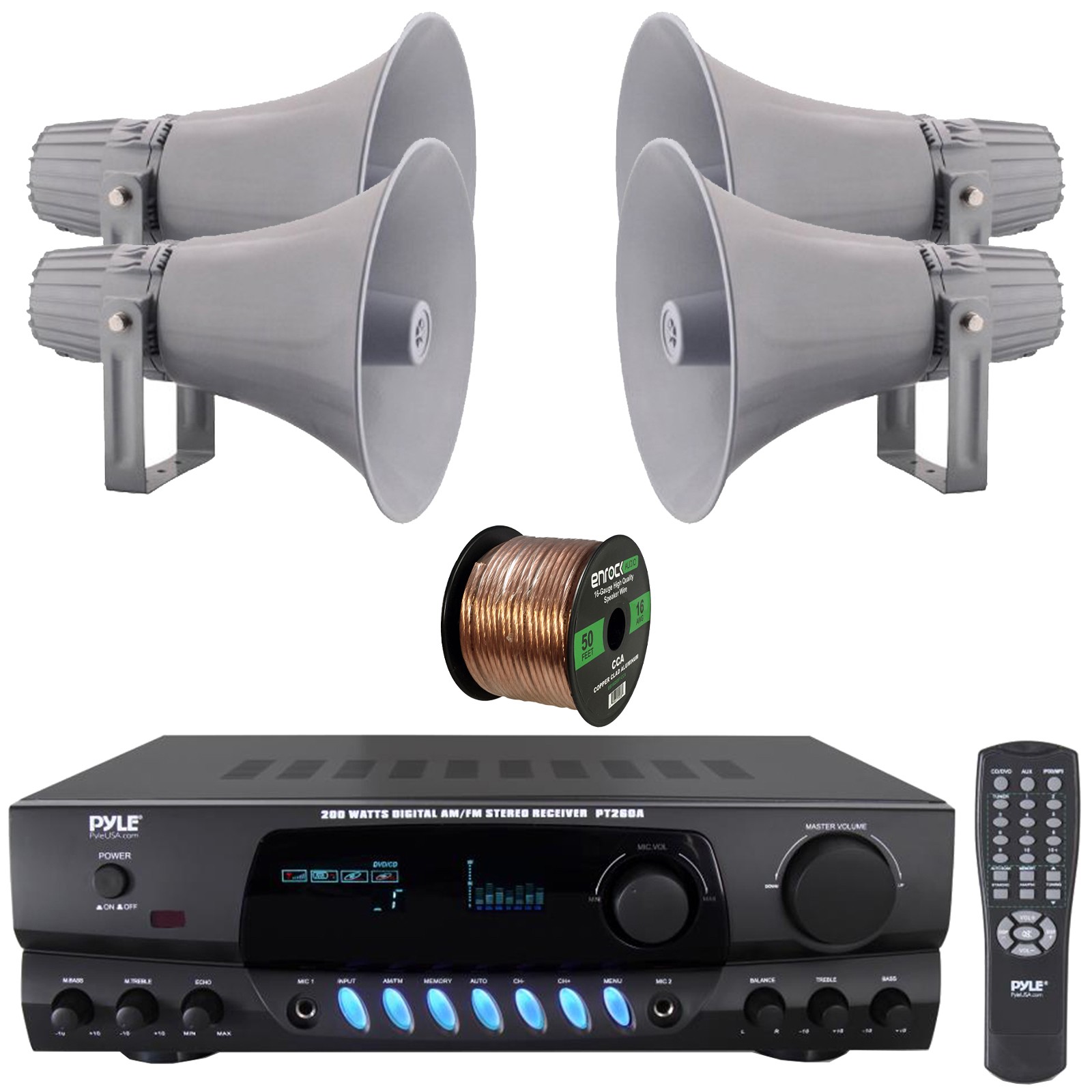 Pyle Home Stereo 200W Receiver, 4x 12.7'' 60W RMS PA Horn Speakers, Speaker Wire