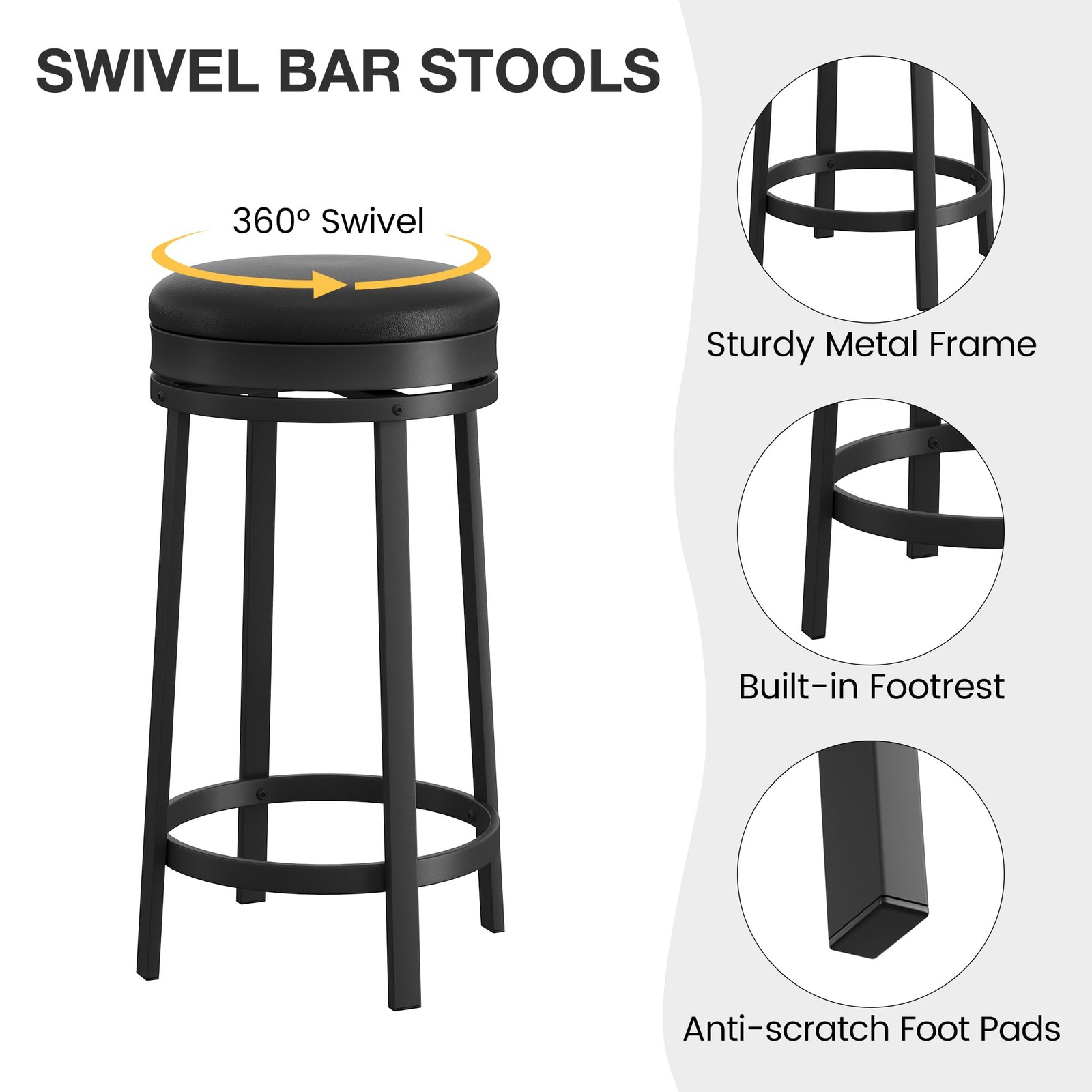 24'' Swivel Bar Stools Set of 2 with Footrest, Modern Counter Height Barstool...
