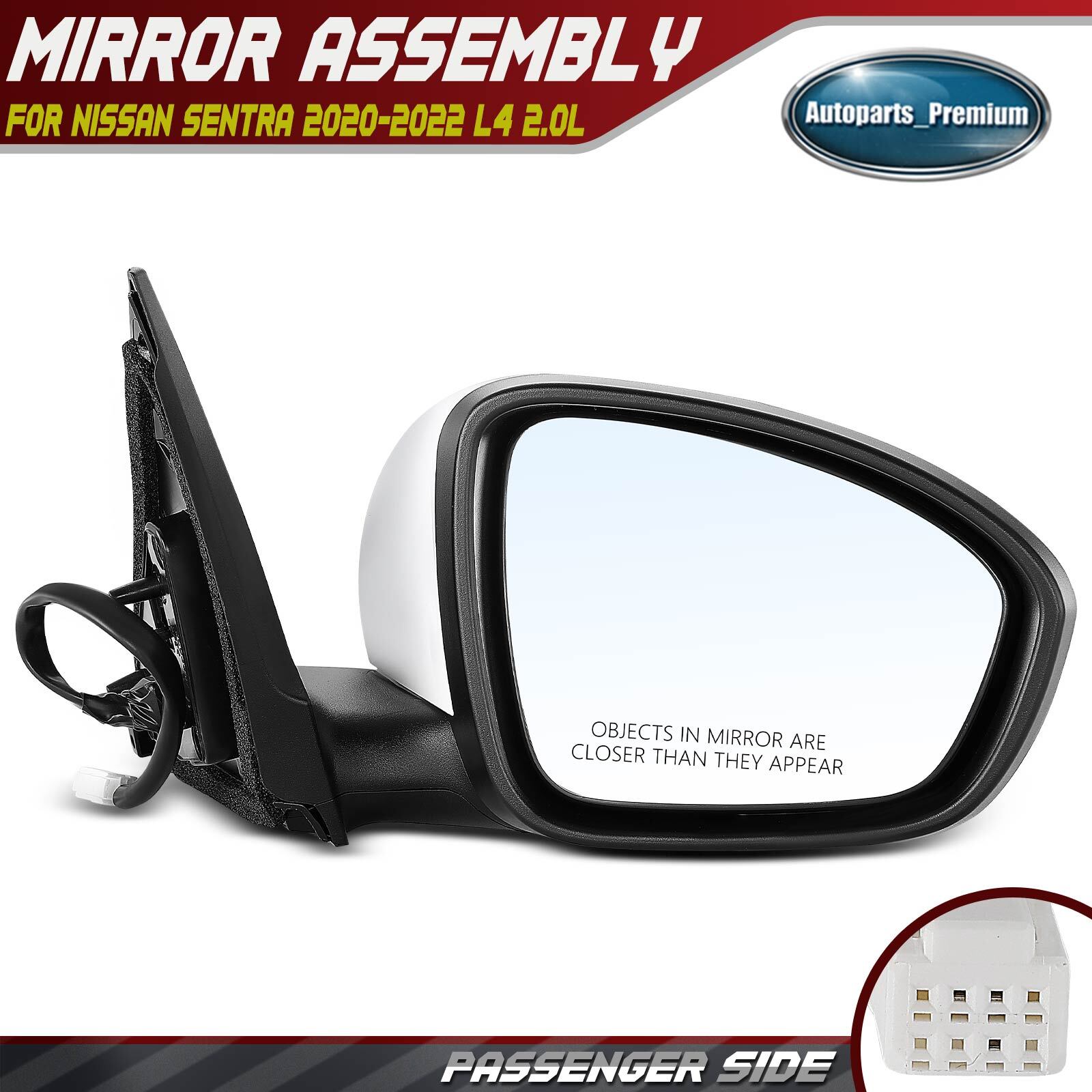 Right Passenger Side White Power Mirror w/3-Pin for Nissan Sentra 2020 2021 2022