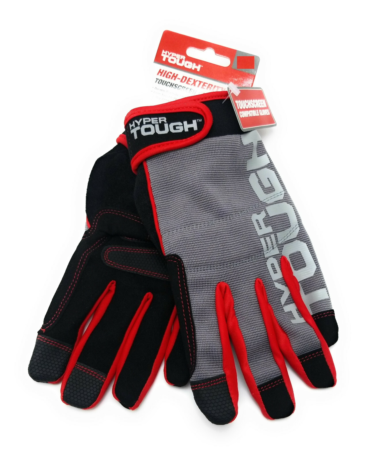 HyperTough High Dexterity Glove, Gray Red Black, Touch compat, No-Slip, M, L, XL