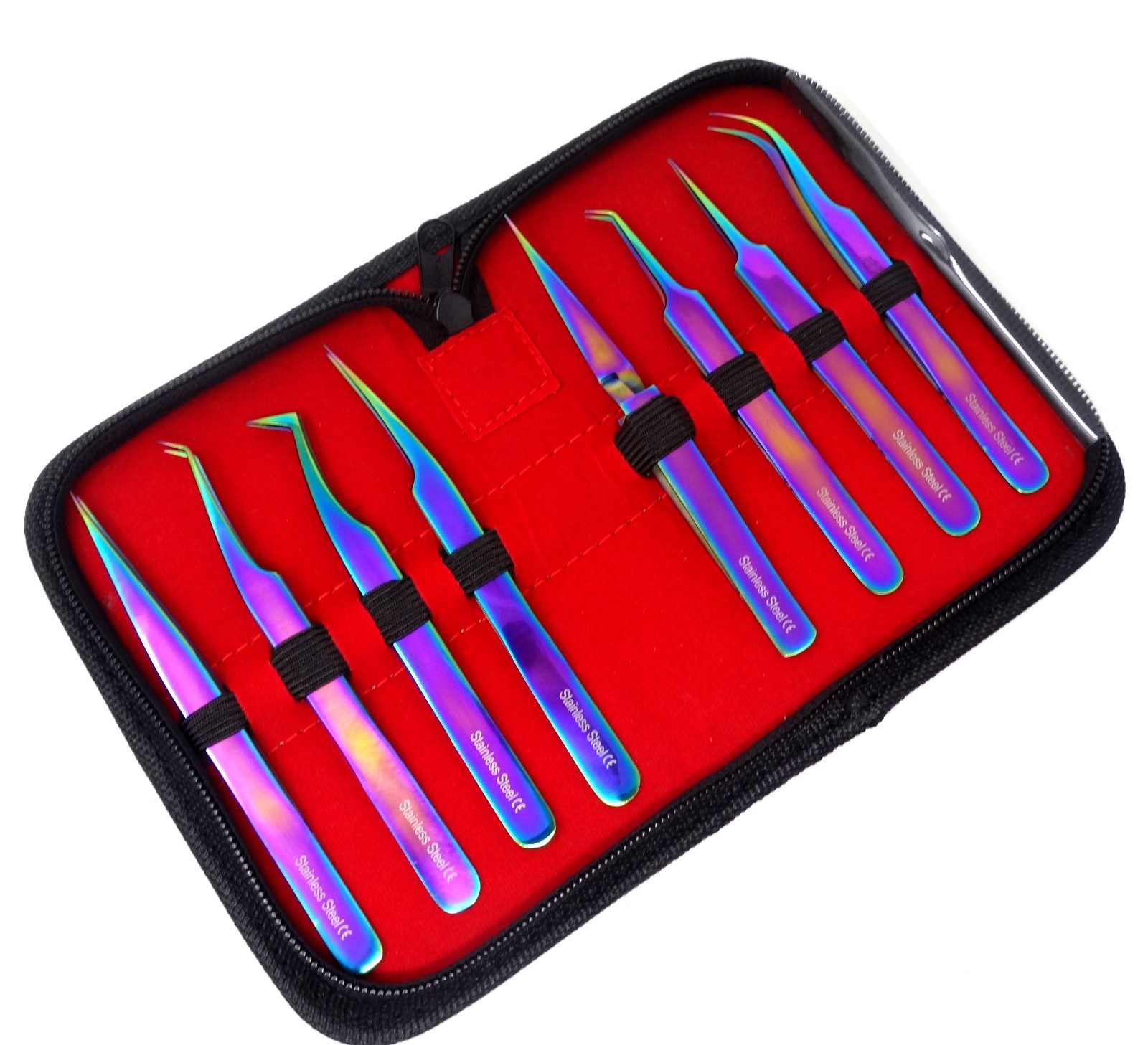 OR Set of 8 Piece Stainless Steel Multi Rainbow Color Eyelash Extension Tweezers