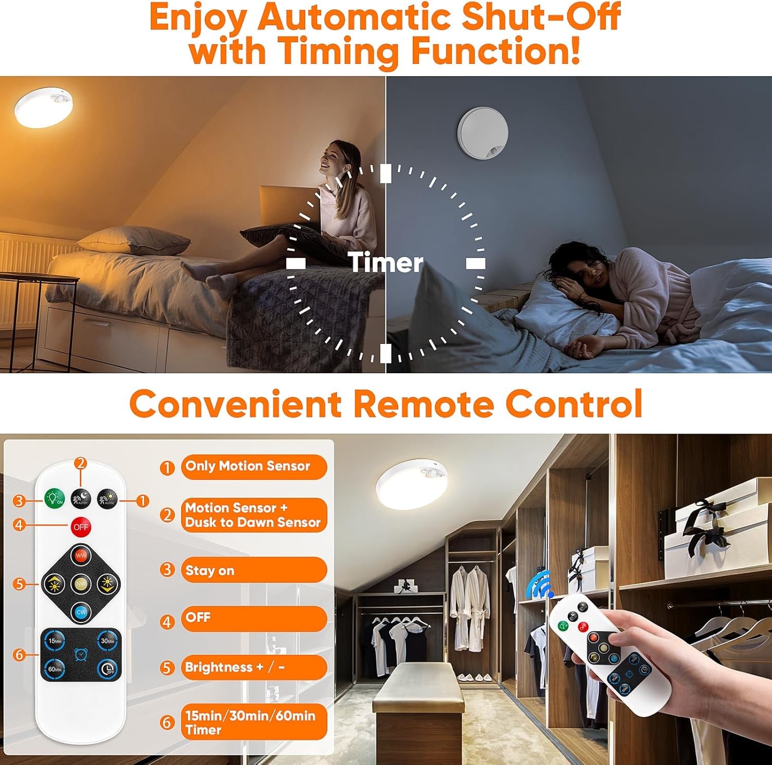 10000mAh Rechargeable Motion Sensor Ceiling Light with Remote, Battery Operat...