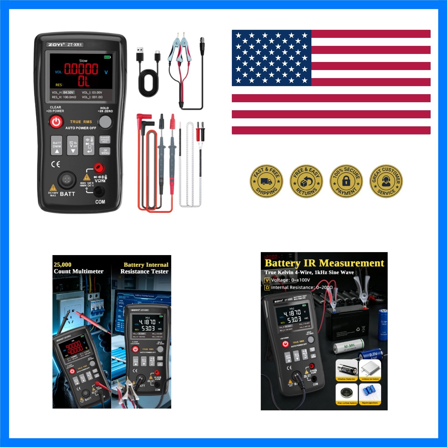 ZT-XR1 2 in 1 Battery Tester Multimeter, 0~±100V 4-Wire Internal Resistance ,...