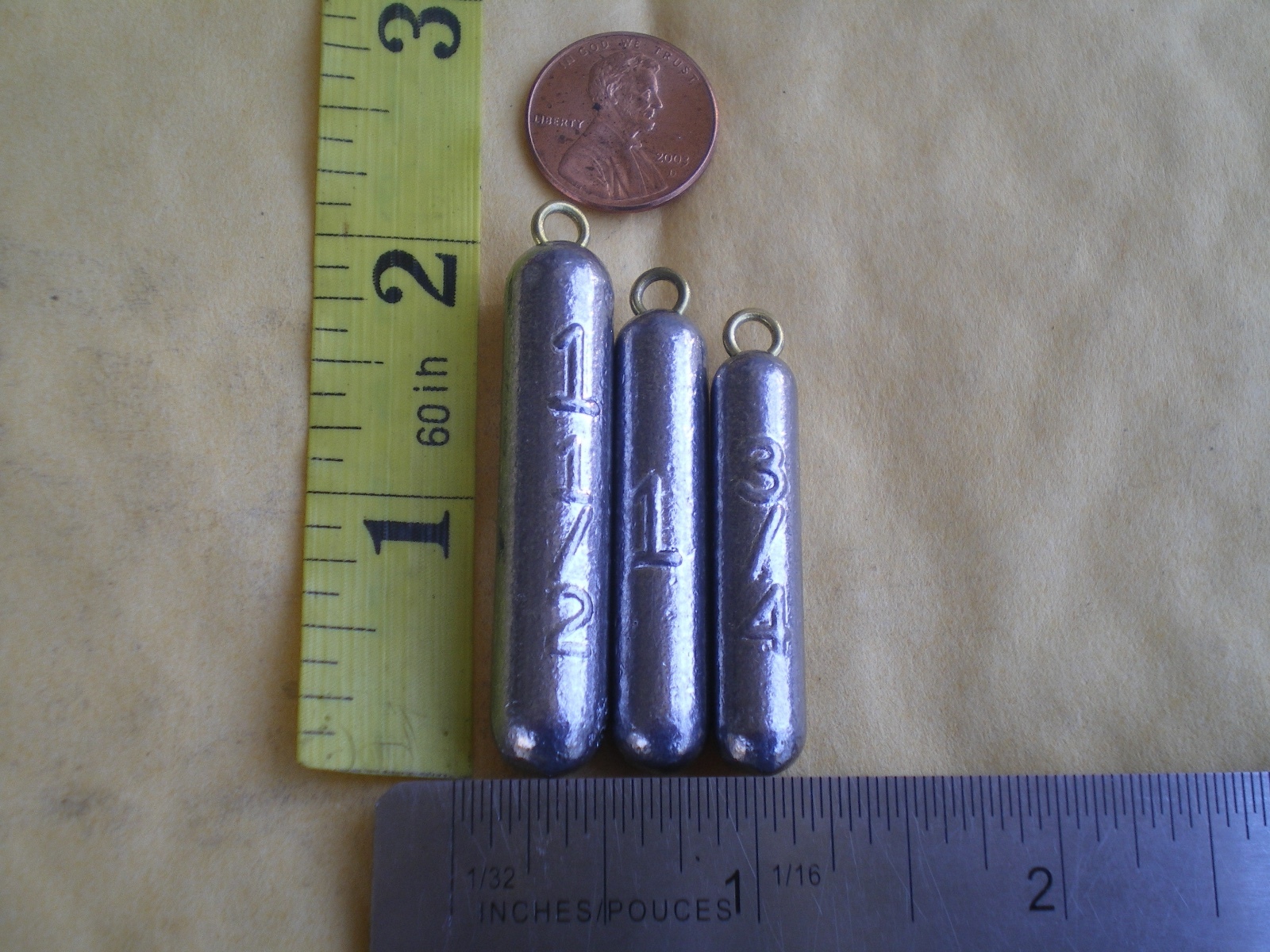 75 BOTTOM BOUNCER PENCIL SINKER 3/4, 1, 1-1/2 OZ. 25ea. #1 BRASS EYE/SHORT&WIDE