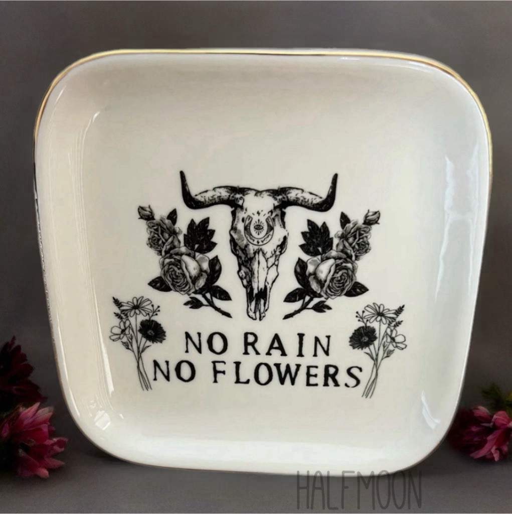 Seren James “No Rain No Flowers” Square Ceramic Trinket Dish Floral Skull