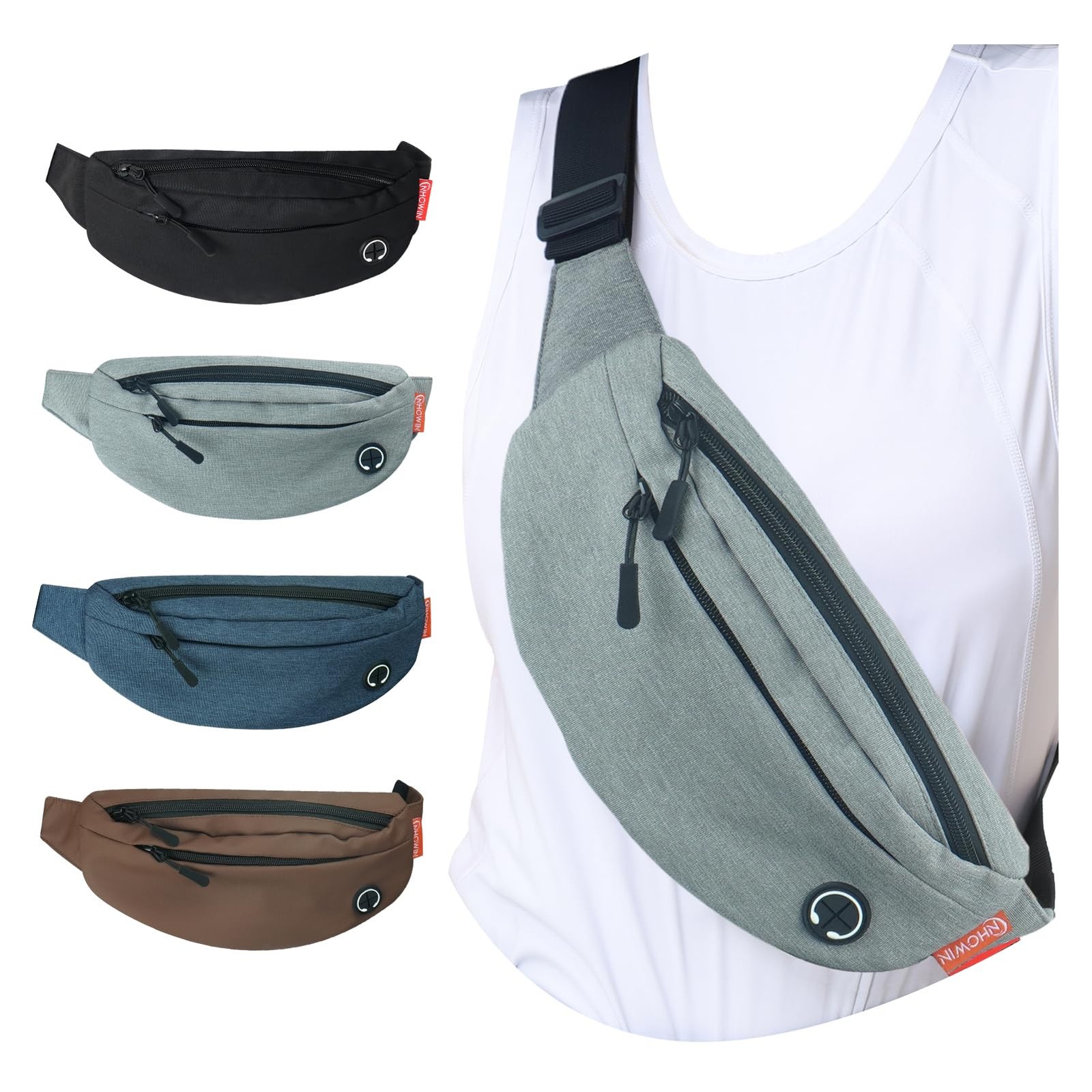 NHOWIN Fanny Pack for Men Women Crossbody, 10.6 x 2.4 x 5.5 inches, Grey