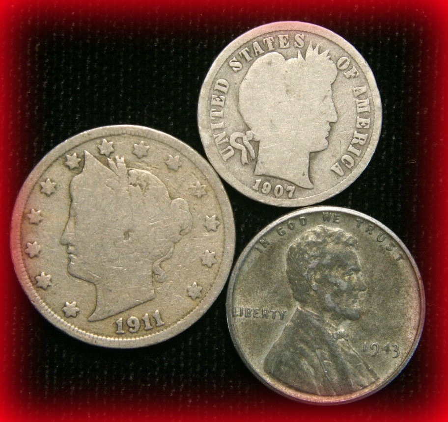Old US Coin Estate Lot Barber Dime Liberty Nickel Steel Cent 3 Coin Set