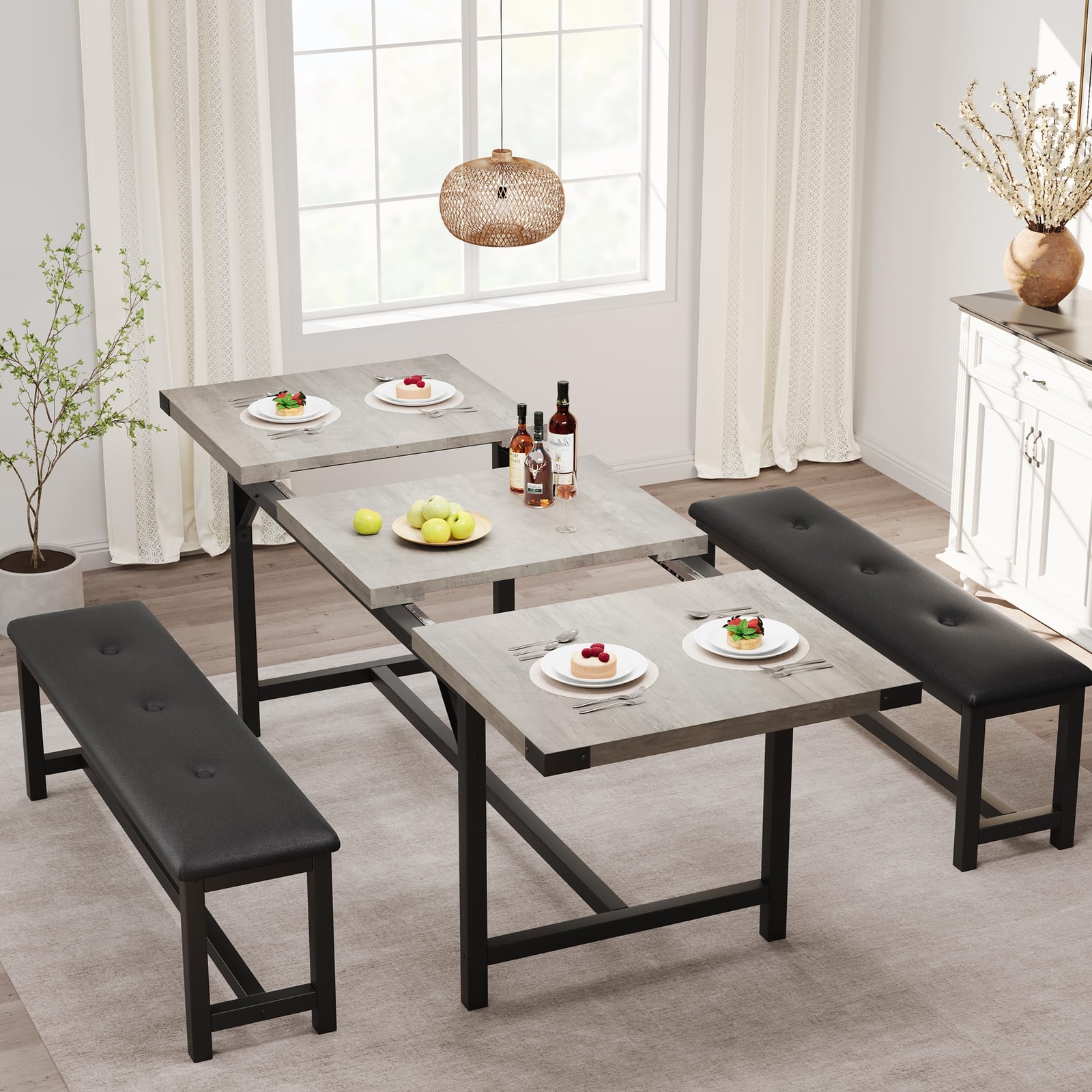 3PC Extendable Dinner Table Home Dining Table Set ,Kitchen Table and 2 Benches