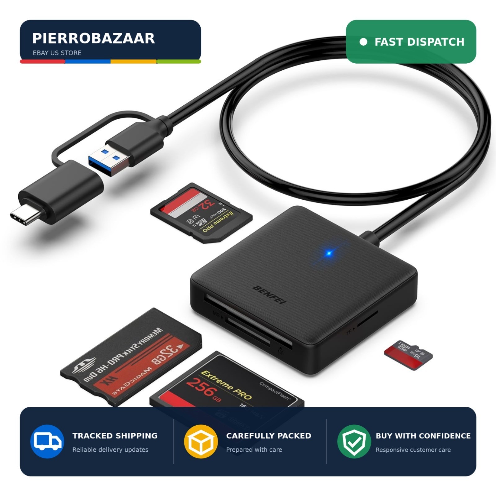 BENFEI 4in1 USB 3.0 & USB-C Card Reader Adapter for SD Micro SD CF