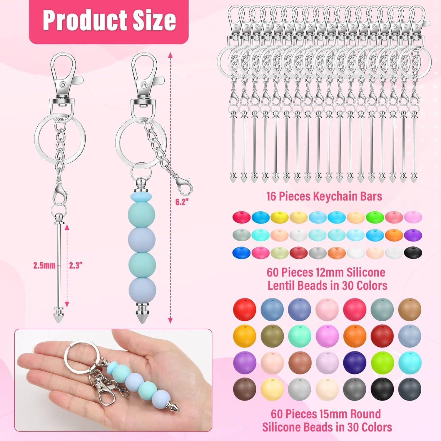 136 Pcs Beadable Keychain Making Kit, Silicone small or miniature, silver