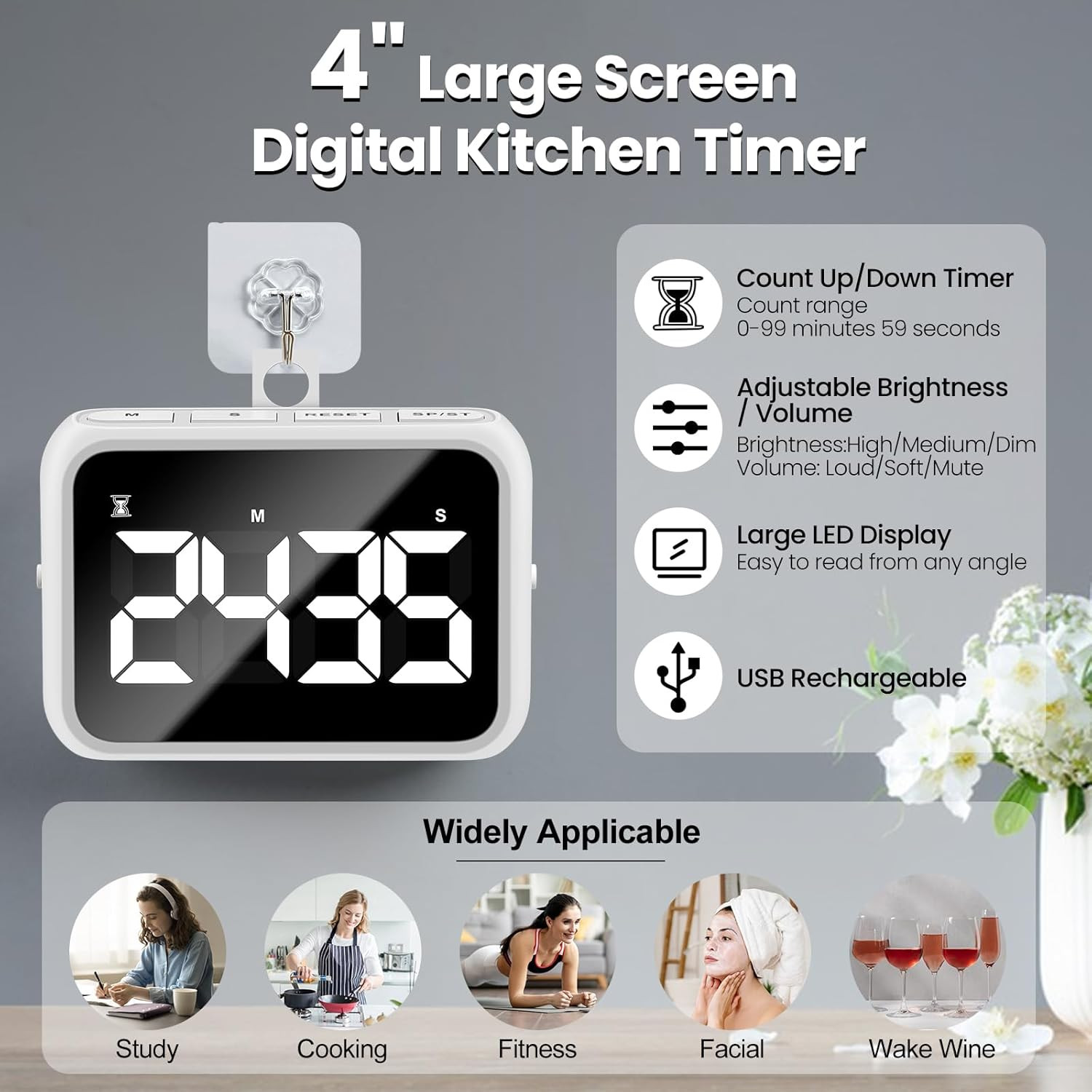 USB Rechargeable Loud Digital Kitchen Timer with Large LCD Display & Adjustab...