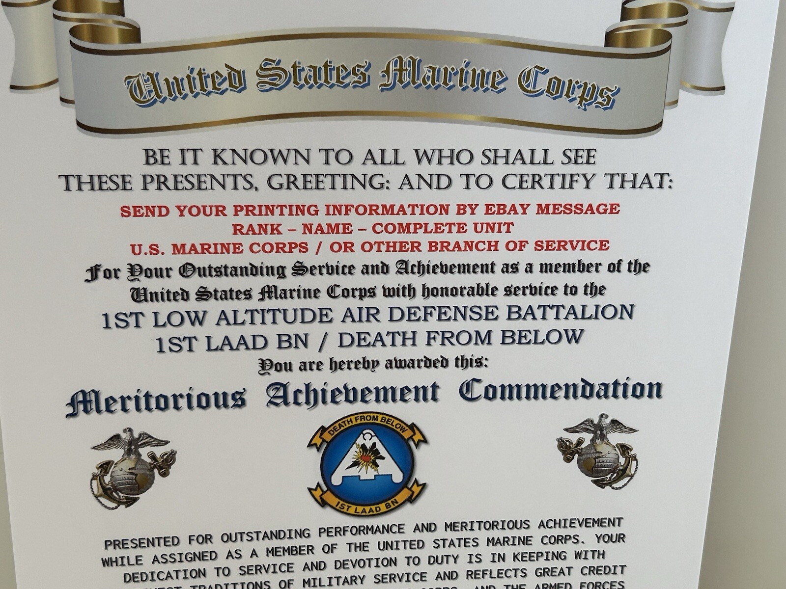 U.S.M.C. / 1ST LOW ALTITUDE AIR DEFENSE BN/ MERITORIOUS ACHIEVEMENT COMMENDATION