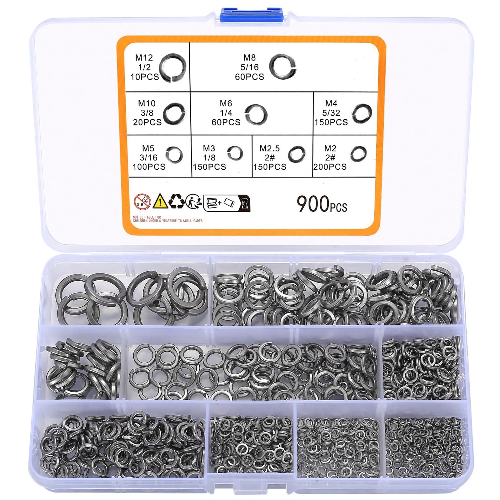 900 PCS Stainless Steel Spring Lock Washer, Split Lock Washer, Split Ring Was...