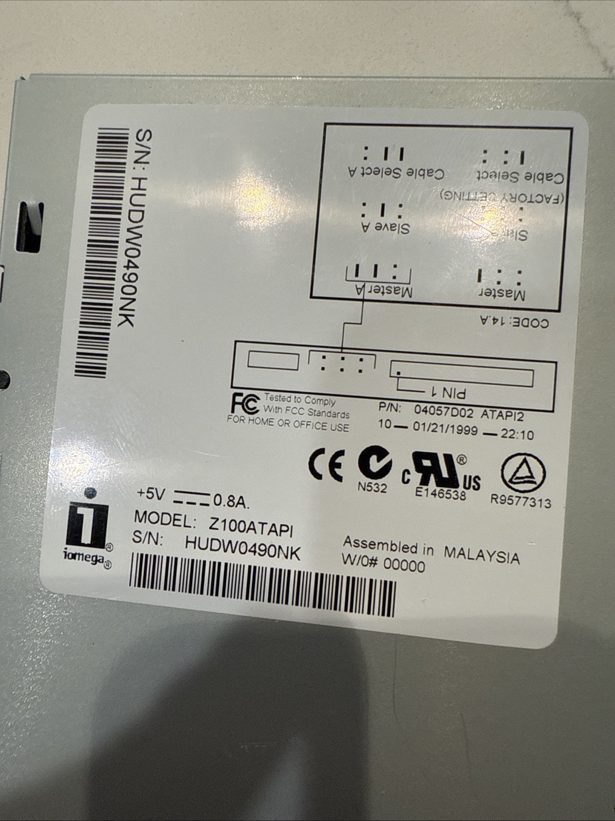 Iomega Z100ATAPI Zip 100 Internal Drive, 04057D02 ATAPI2 Tested - Used