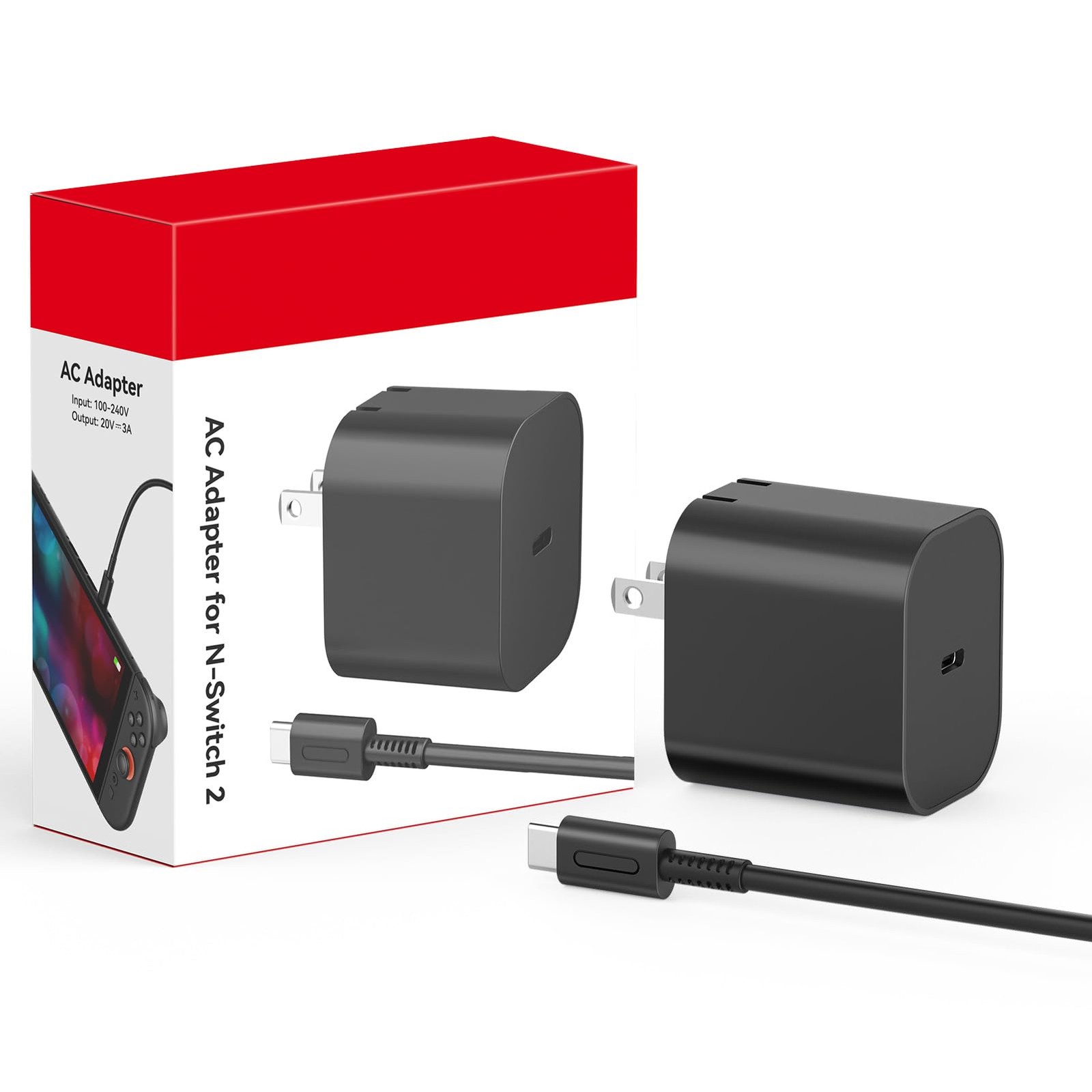 60W Charger for Nintendo Switch 2, 20V 3A AC Adapter with 5ft Cable
