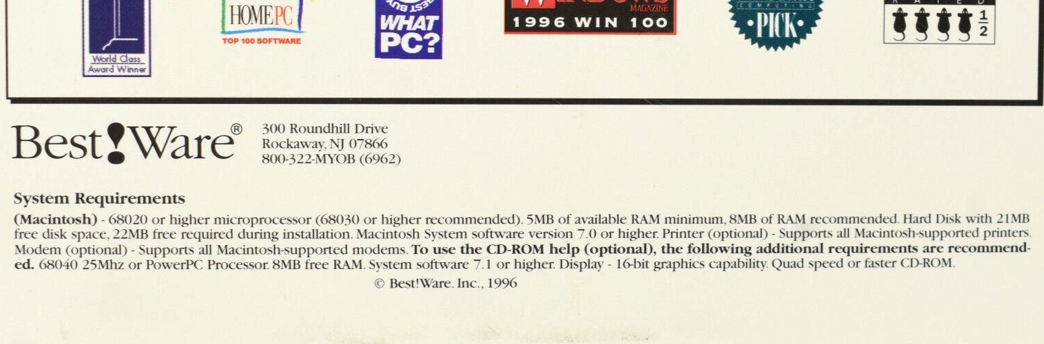 M.Y.O.B Accounting Payroll Software 1996 Macintosh CD-ROM Version 7 New Open Box