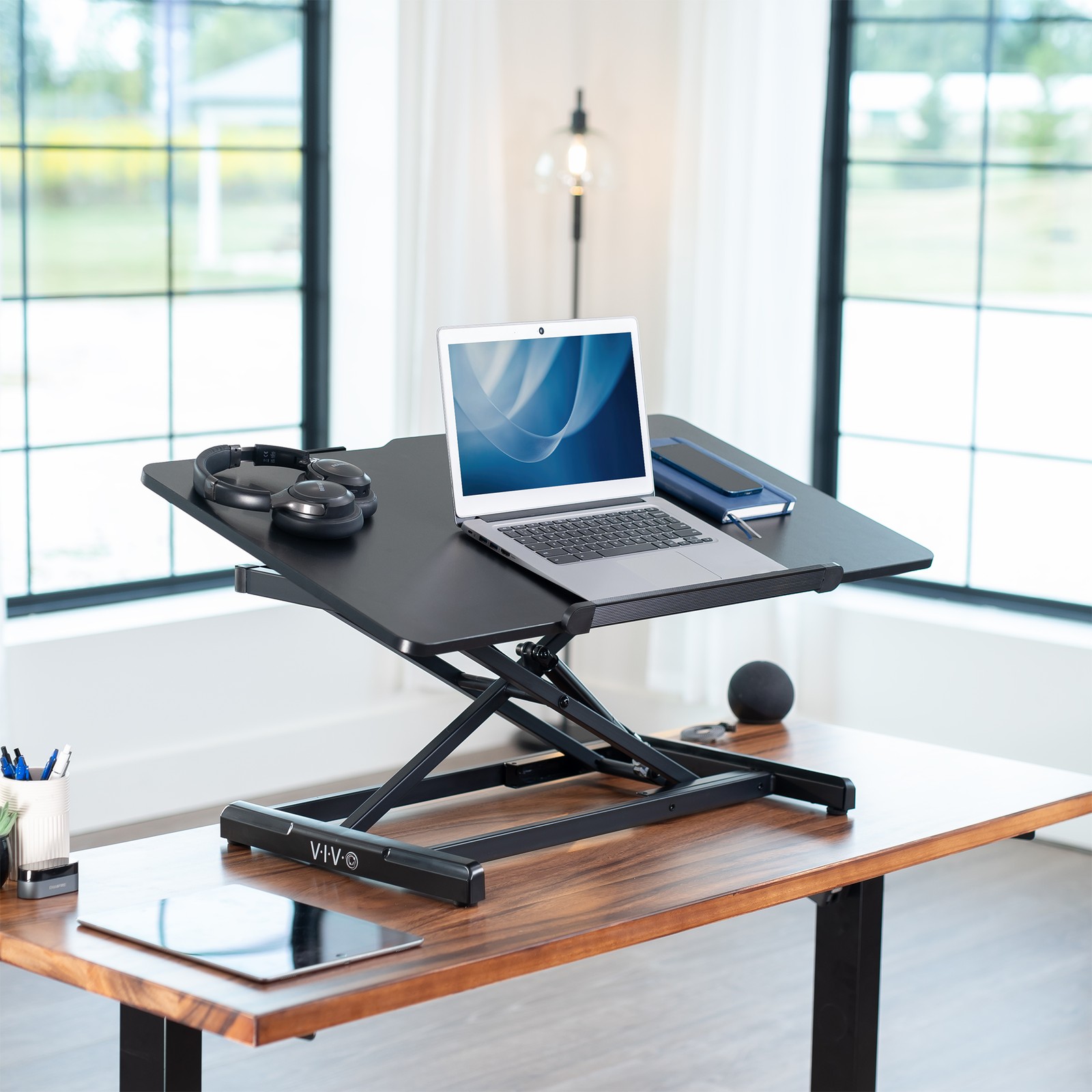 VIVO Black Tilting Height Adjustable 36" Desk Riser, Single Top Converter