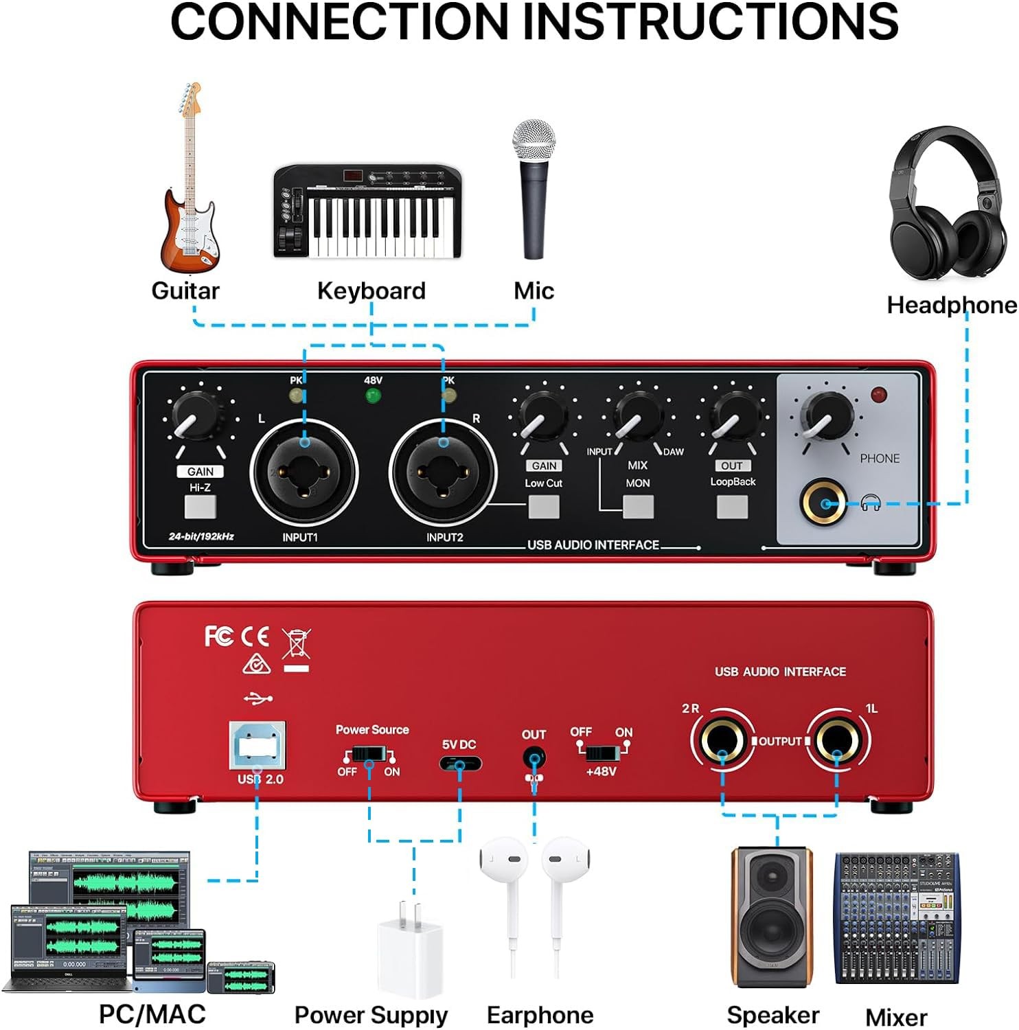2i2 USB Audio Interface for PC Computer Recording Music, Red Guitar Audio Int...