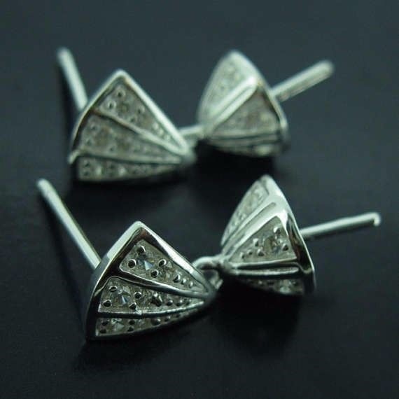 Sterling Silver Fancy Earring Post with Peg Bail, CZ Triangle Earrings ( 1 pair)