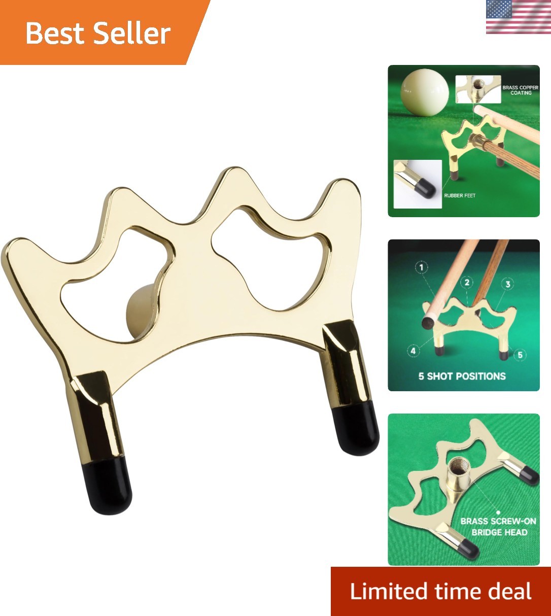 Brass Screw-On Zink-Alloy Pool Cue Bridge Head with Five Adjustable Positions