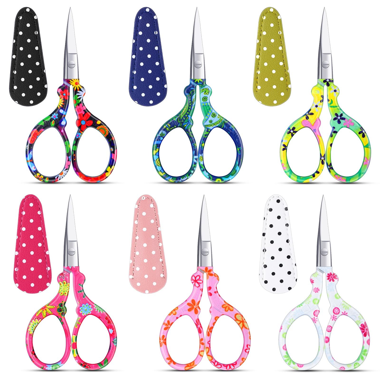 Therwen 6-Pc 3.6" Embroidery Scissors w/ Leather Cover, Stainless Steel