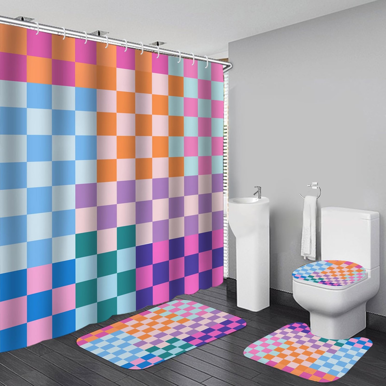 4 PCS Checkered Shower Curtain Sets Fun Gingham Bathroom Sets Soft Non Slip B...