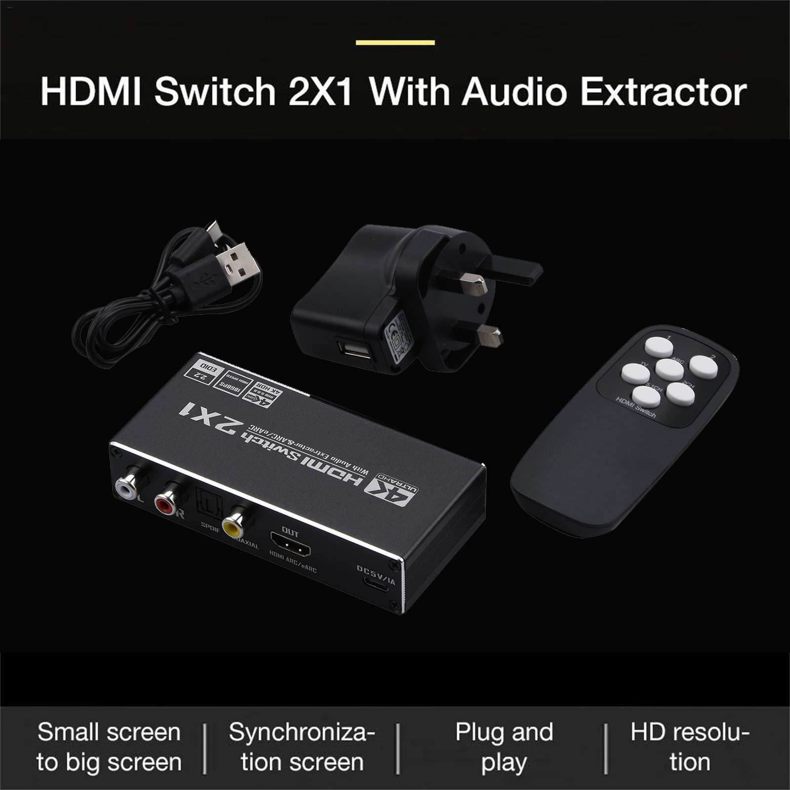 2x1 HDMI Switch Audio Extractor With R/L+Toslink Adapter Audio Switcher Selector