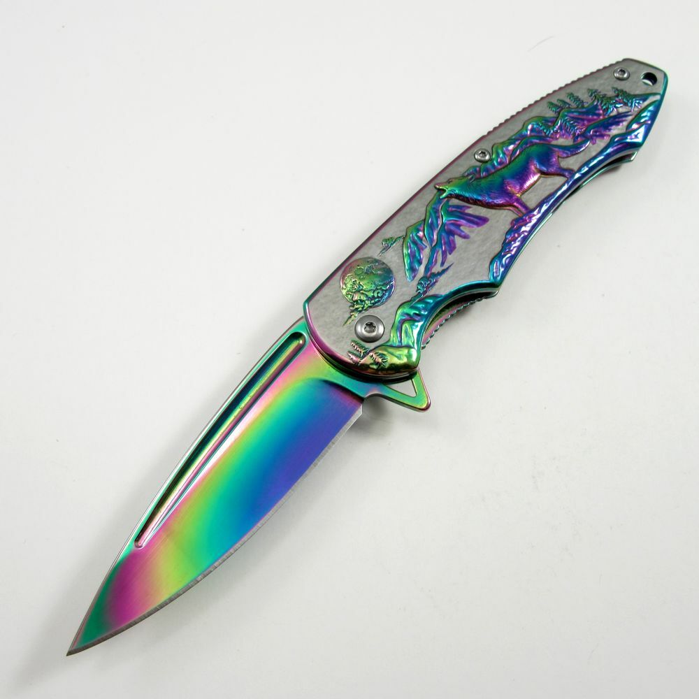 SPRING-ASSIST FOLDING POCKET KNIFE | Rainbow Blade Howling Wolf Tactical Hunter
