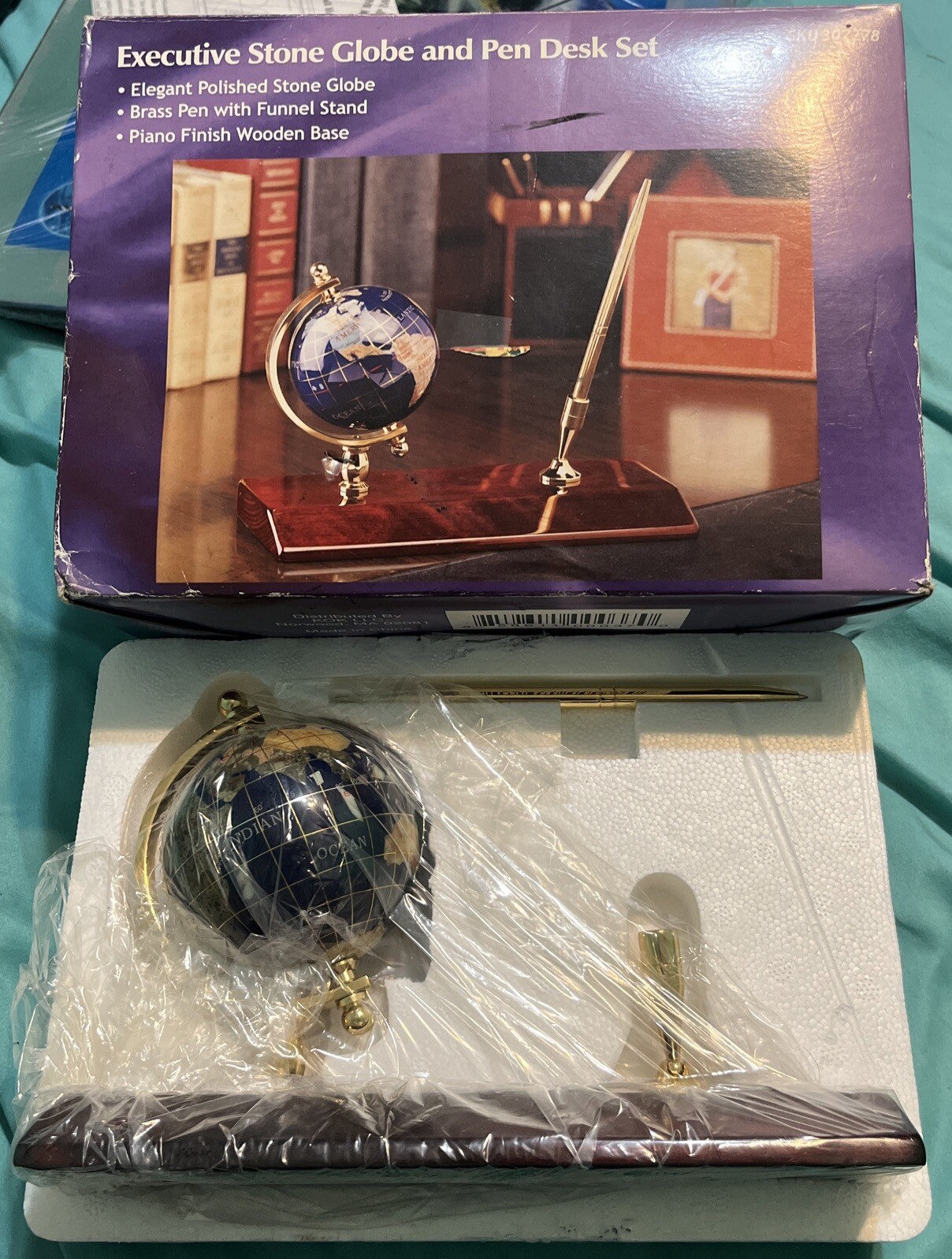 Vtg Executive Stone Globe & Pen Desk Set Wooden Finish Base EUC